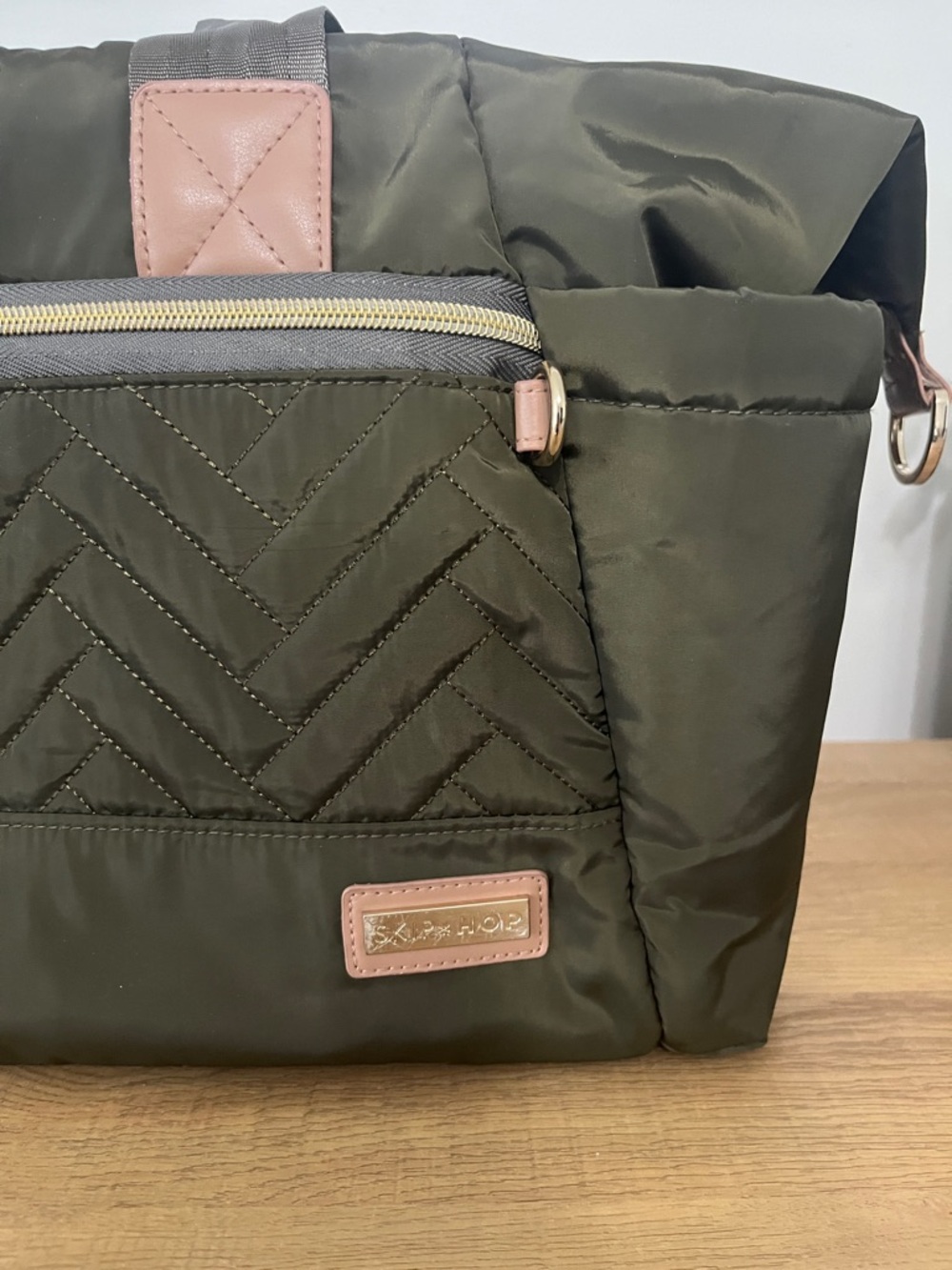 Skip Hop - Olive Green Quilted Baby Diaper Bag with Tan Accents - Picture 2 of 10